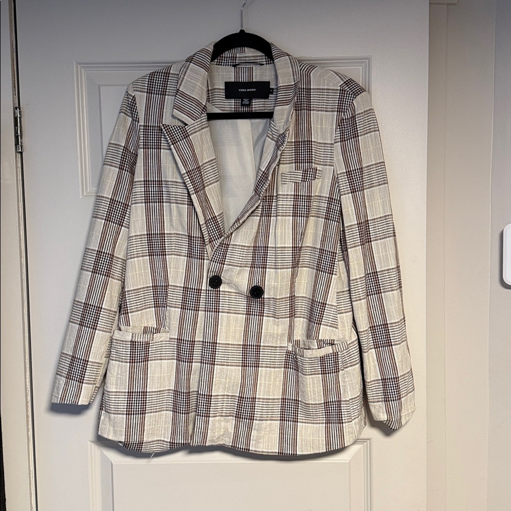 Vero Moda Cream and Brown Checkered Blazer